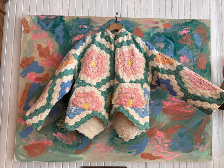 Antique Quilted Cozy colorful   Jacket by Verona pink pockets