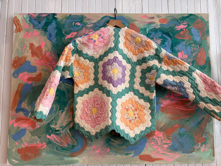 Antique Quilted Cozy colorful   Jacket by Verona pink pockets