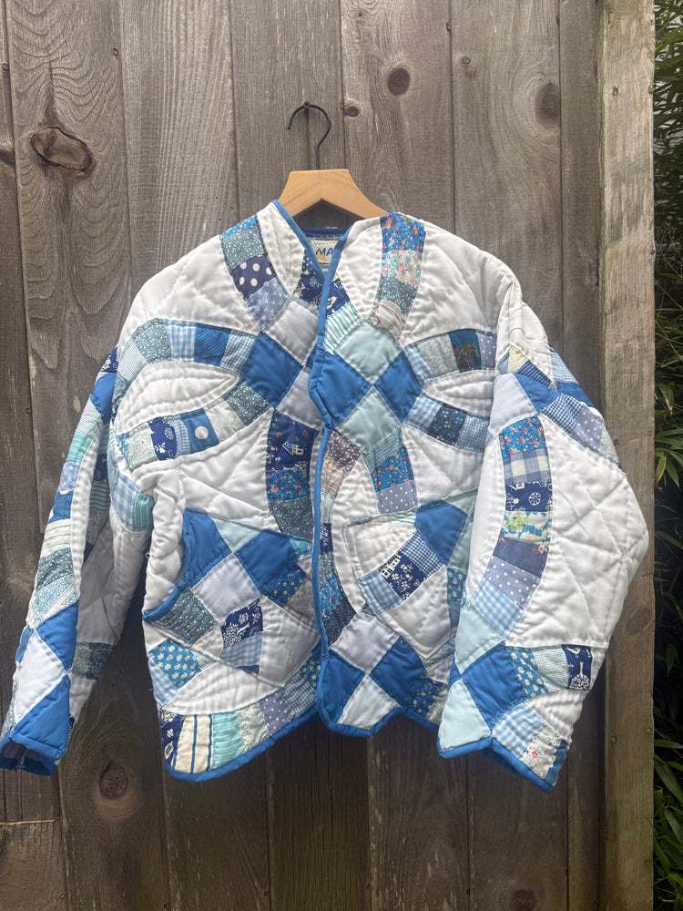 White and blue cozy quilt jacket  made of upcycled wedding ring quilt relaxed fit