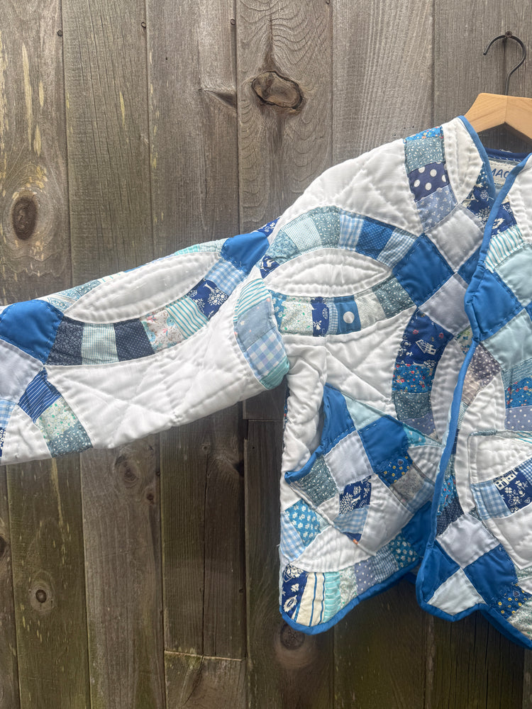 White and blue cozy quilt jacket  made of upcycled wedding ring quilt relaxed fit