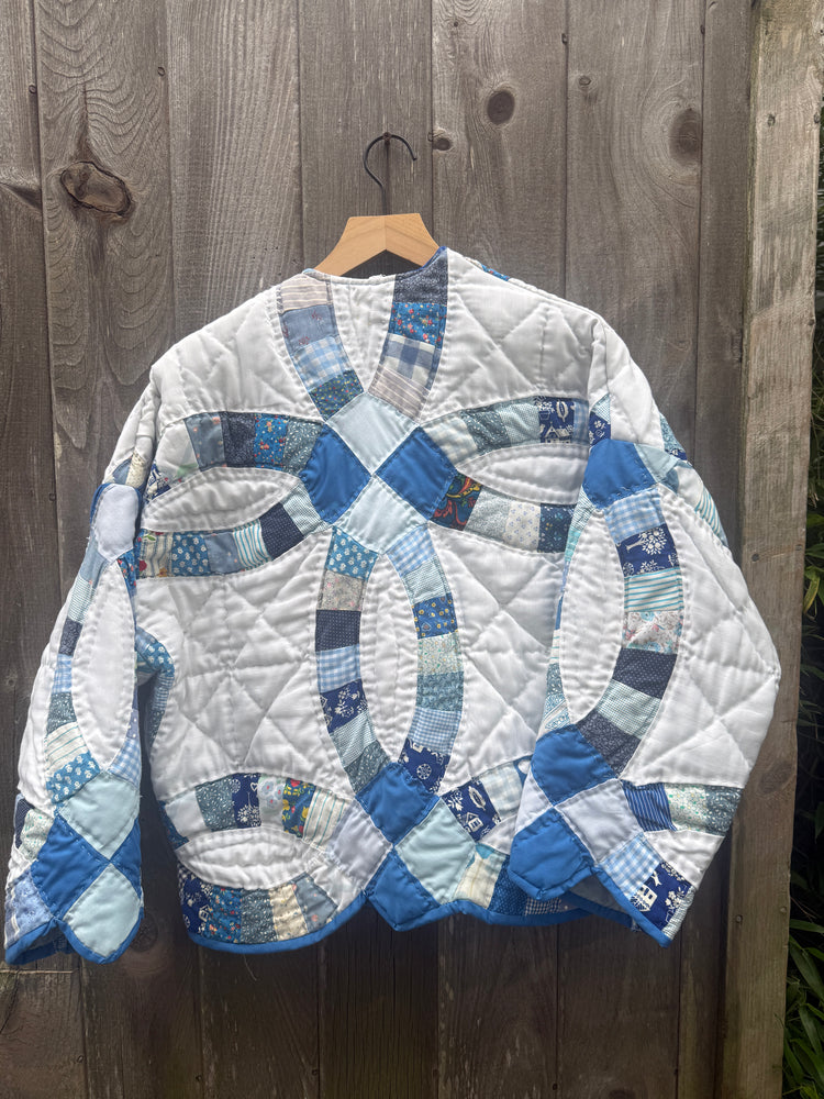 White and blue cozy quilt jacket  made of upcycled wedding ring quilt relaxed fit