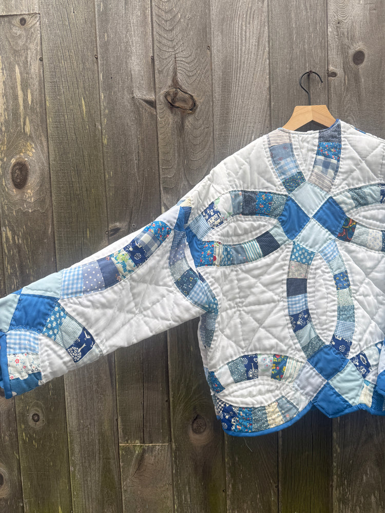White and blue cozy quilt jacket  made of upcycled wedding ring quilt relaxed fit